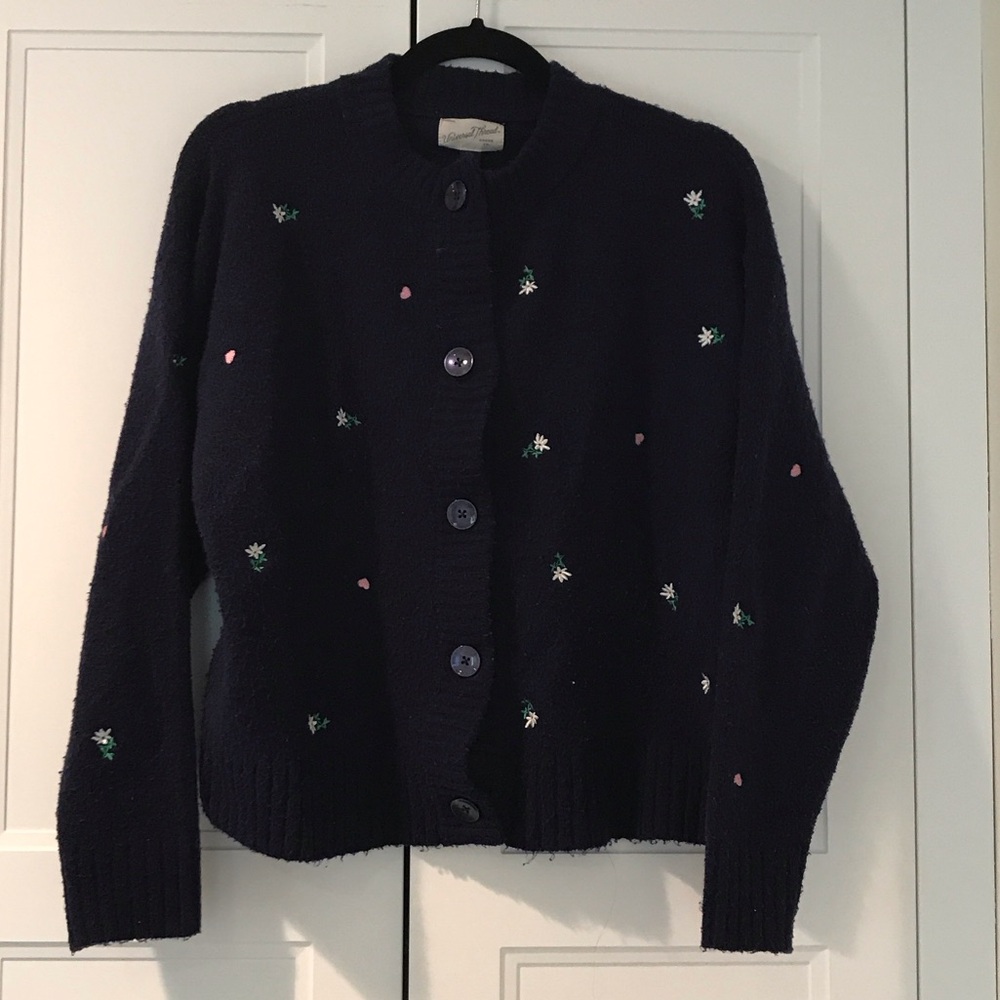 Universal Thread Navy Cardigan Sweater with Pink & Green Embroidered Accents